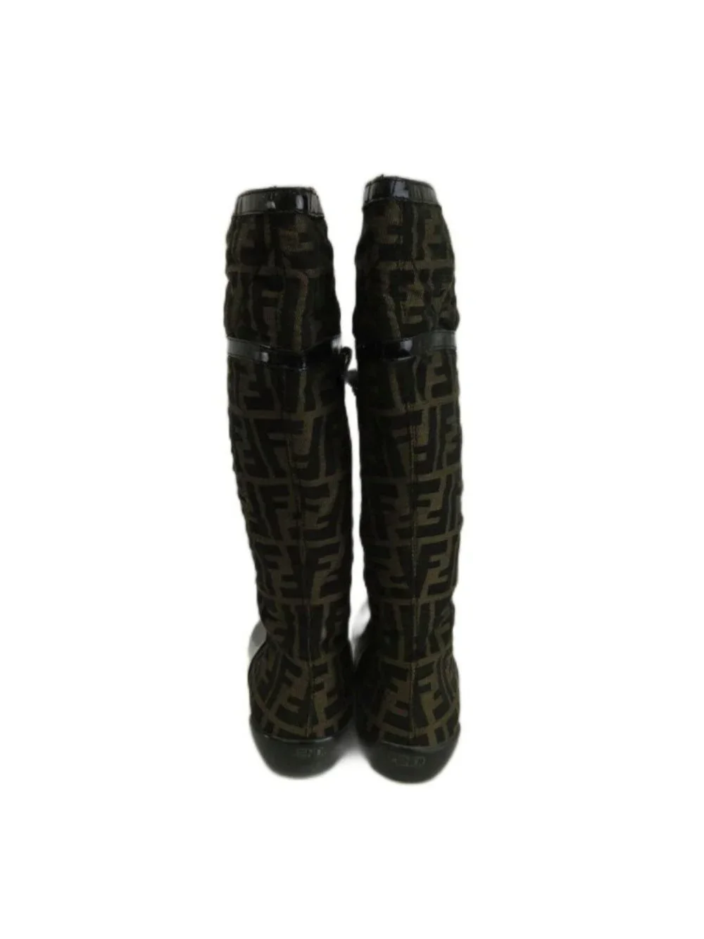 Fendi Long Boots Canvas Patent Cut Replacement Round Toe Flat Zucca Pattern
